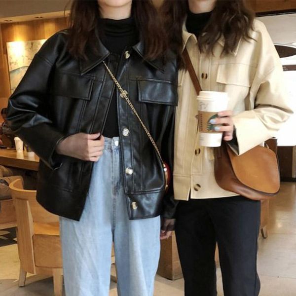 women's jackets pu leather women outwear casual loose long sleeve streetwear autumn coat pocket buttons turn-down collar, Black;brown
women's jackets pu leather women outwear casual loose long sleeve streetwear autumn coat pocket buttons turn-down collar, Black;brown