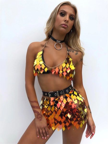 two piece dress sparkle big sequins 2 outfits gold blue low cut backless sleeveless crop hollow link chain skirts matching set, White
two piece dress sparkle big sequins 2 outfits gold blue low cut backless sleeveless crop hollow link chain skirts matching set, White