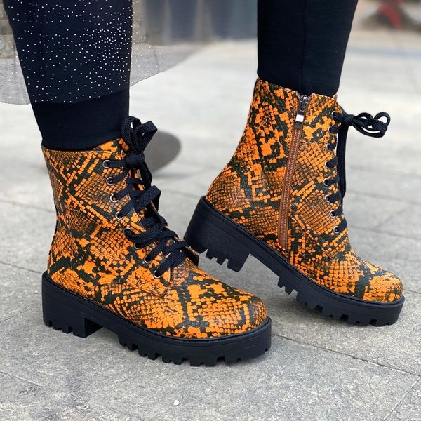 lace-up ankle biker boot neon orange snake print short platform boots women shoes autumn winter round toe ladies shoes #w07s, Black
lace-up ankle biker boot neon orange snake print short platform boots women shoes autumn winter round toe ladies shoes #w07s, Black