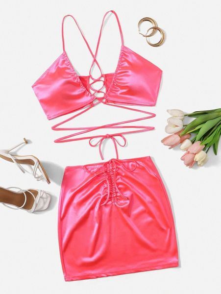 crisscross knot satin crop & skirt set x8x9#, White
crisscross knot satin crop & skirt set x8x9#, White