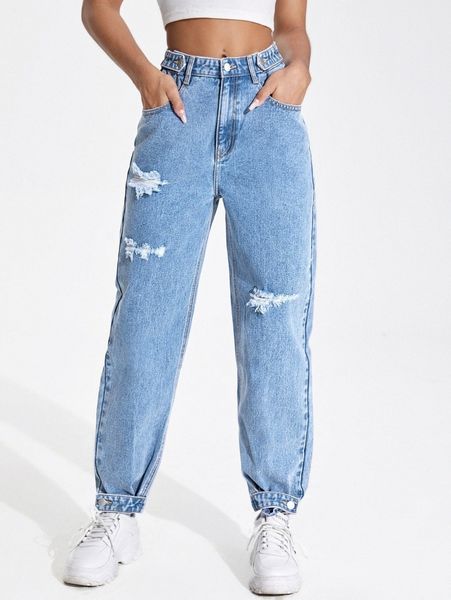 high waist ripped tapered jeans d3uy#, Blue 
high waist ripped tapered jeans d3uy#, Blue