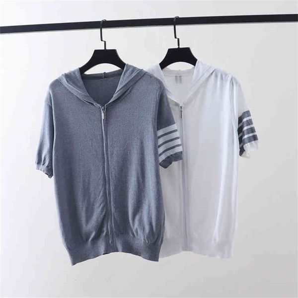 summer new thin ice stripe four bar zipper cardigan hooded tb loose short sleeve coat, White
summer new thin ice stripe four bar zipper cardigan hooded tb loose short sleeve coat, White