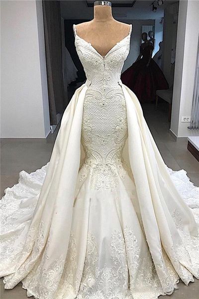 dubai arabic luxury gorgeous mermaid wedding dresses with detachable train lace applique illusion high waist bridal wedding dress, White
dubai arabic luxury gorgeous mermaid wedding dresses with detachable train lace applique illusion high waist bridal wedding dress, White