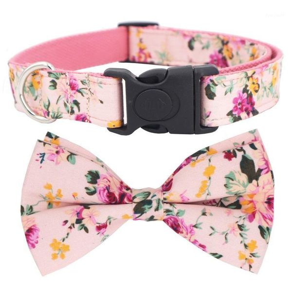 pink floral dog collar dog bowtie and leash set for pet cat1