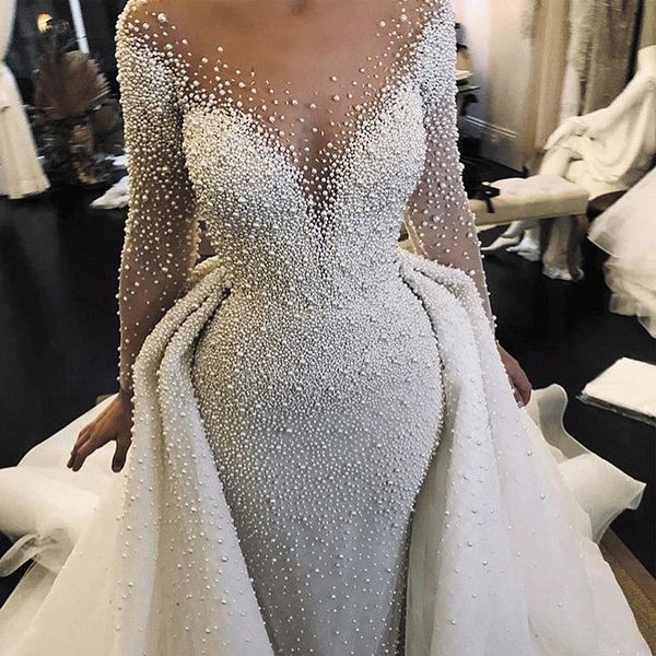 major beading mermaid wedding dresses with detachable train sheer neck peals beaded long sleeves gorgeous bridal dress vestido de noiva, White
major beading mermaid wedding dresses with detachable train sheer neck peals beaded long sleeves gorgeous bridal dress vestido de noiva, White