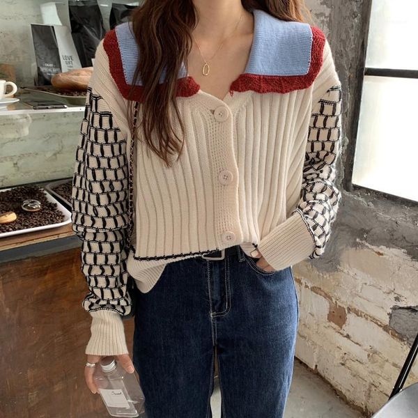 2021fall doll collar wild single-breasted long sleeve contrasting color knit cardigan sweater women1, White
2021fall doll collar wild single-breasted long sleeve contrasting color knit cardigan sweater women1, White