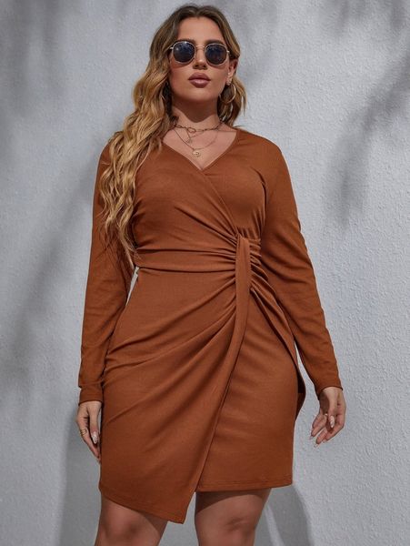 plus ruched wrap bodycon dress 70xu#, Black