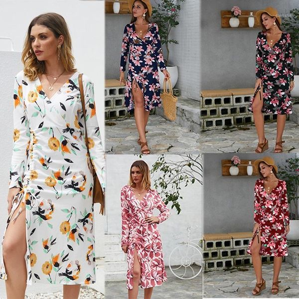 women long sleeve v neck dress floral printed high slit midi dress sundress1, Black;gray
women long sleeve v neck dress floral printed high slit midi dress sundress1, Black;gray