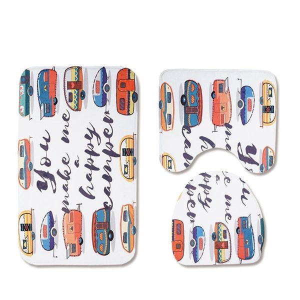 bath mat 3 set cartoon bus pattern toilet lid cover foot pad non-slip absorbent bathroom door mat flannel soft bath rug carpet