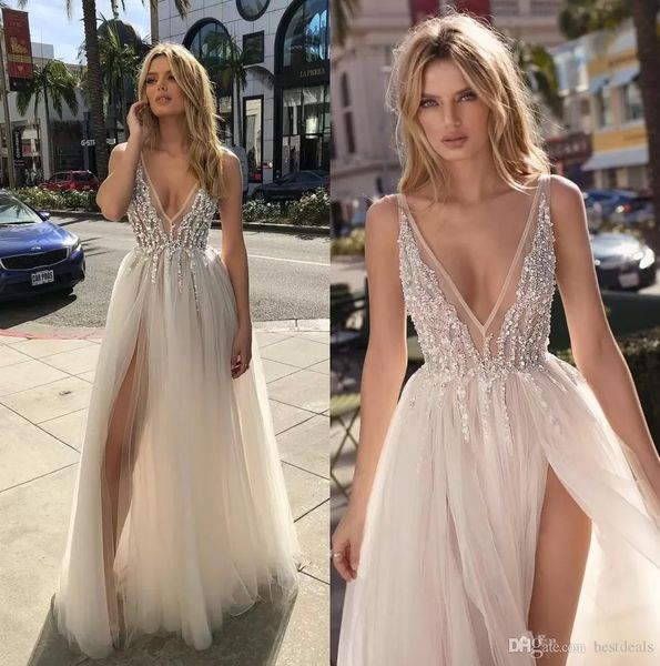 new style berta bohemian wedding dresses beaded deep v neck boho bridal gowns a line side split floor length tulle, White
new style berta bohemian wedding dresses beaded deep v neck boho bridal gowns a line side split floor length tulle, White