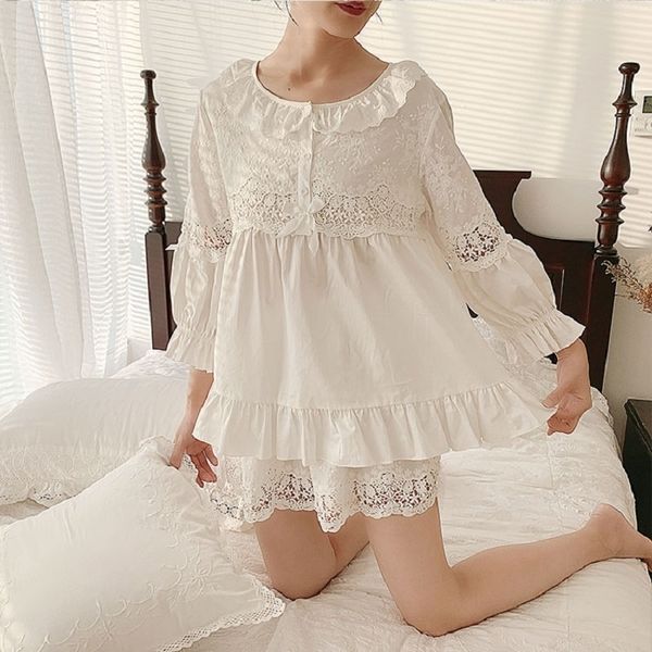 summer women's soft cotton pajamas sets white lace shorts pajamas vintage long sleeve sleepwear autumn nightwear home clothes y200425, Black;red
summer women's soft cotton pajamas sets white lace shorts pajamas vintage long sleeve sleepwear autumn nightwear home clothes y200425, Black;red