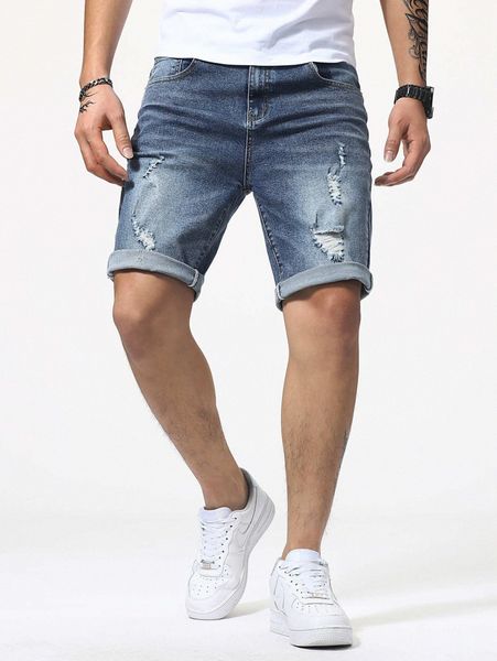 men ripped rolled hem bermuda denim shorts a9ki#, Blue