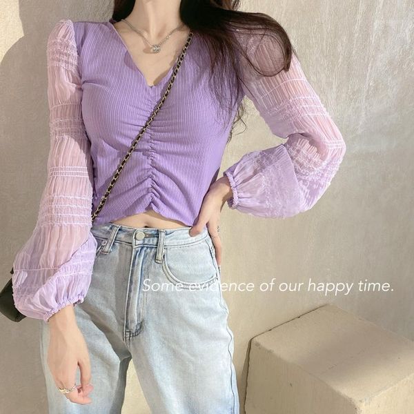 fashion v neck folded splicing gauze and knitwear long puff sleeve women's, White;black
fashion v neck folded splicing gauze and knitwear long puff sleeve women's, White;black
