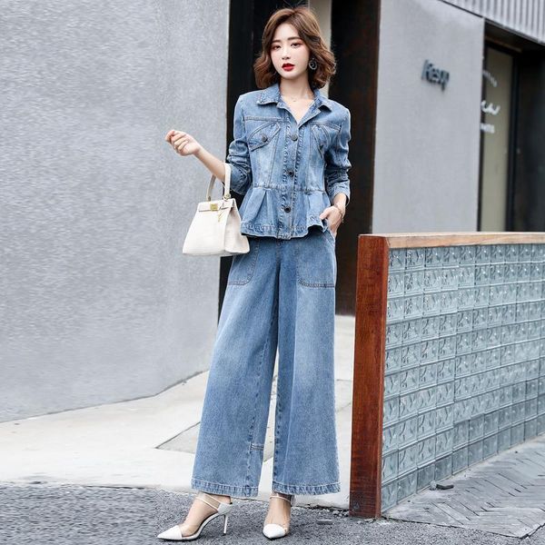 spring korean denim 2 piece sets women streetwear fashion ruffle hem long sleeve jacket and wide leg pants casual tracksuit, Gray
spring korean denim 2 piece sets women streetwear fashion ruffle hem long sleeve jacket and wide leg pants casual tracksuit, Gray