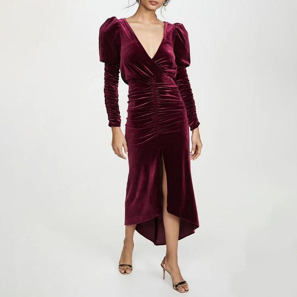 autumn fashion new women puff long sleeve v-neck slim front split folds velvet women dress, Black;gray
autumn fashion new women puff long sleeve v-neck slim front split folds velvet women dress, Black;gray