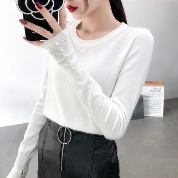 autumn and winter relaxed languid lazy wind knit bottom shirt long sleeve pearl circular collar sweater female, White;black
autumn and winter relaxed languid lazy wind knit bottom shirt long sleeve pearl circular collar sweater female, White;black