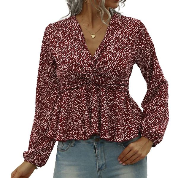 women fall shirt, long-sleeved dot printed ruffle twisted party v-neck loose high waist clothes, White
women fall shirt, long-sleeved dot printed ruffle twisted party v-neck loose high waist clothes, White