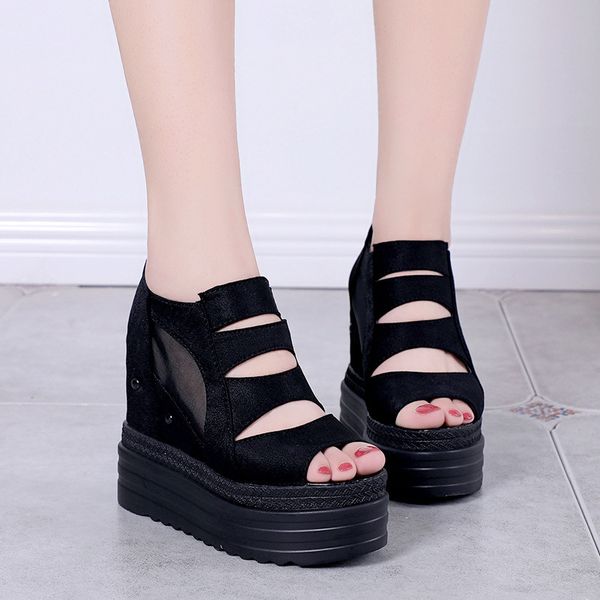 2020 will see women short boots in high heels 12cm platform plutonium leather wedge mesh peep toe casual ladies ankle student shoes, Black 
2020 will see women short boots in high heels 12cm platform plutonium leather wedge mesh peep toe casual ladies ankle student shoes, Black