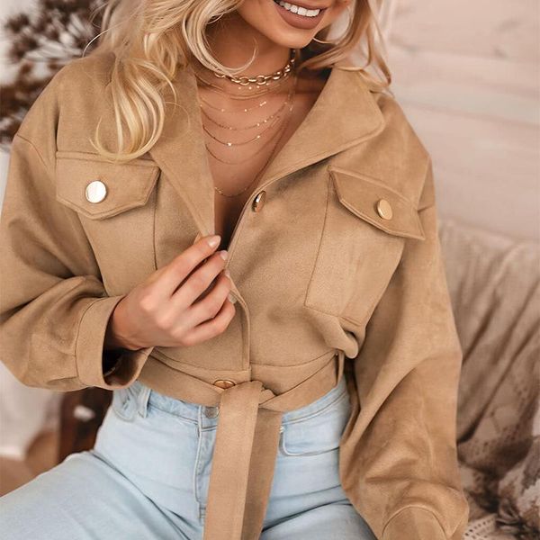 new autumn winter 2021 women's solid color slim fit jacket brown pocket waist tie up street trend coat, Black;brown
new autumn winter 2021 women's solid color slim fit jacket brown pocket waist tie up street trend coat, Black;brown