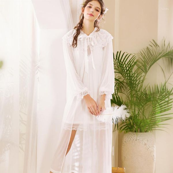

early autumn new court lace nightgown nightdress two-piece ladies long bathrobes long section long-sleeved pajamas home ser1, Black;red