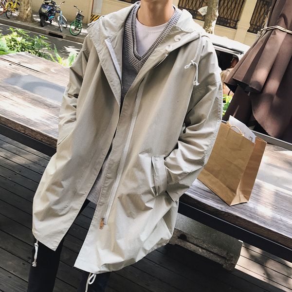 new autumn casual men's loose hooded medium length windbreaker, Tan;black