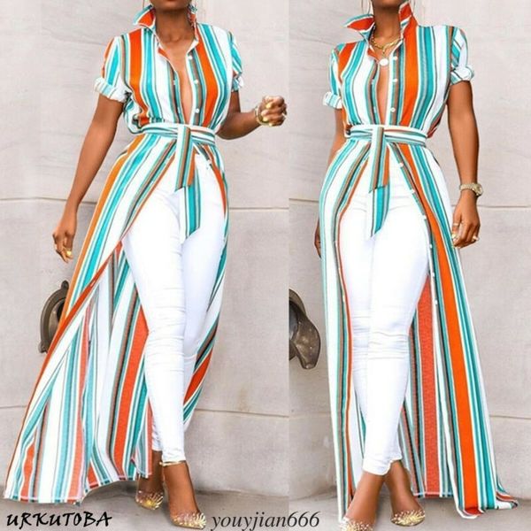new fashion women summer striped long shirts high waist lace up ladies short sleeve long maxi asymmetrical blouse y200622, White
new fashion women summer striped long shirts high waist lace up ladies short sleeve long maxi asymmetrical blouse y200622, White