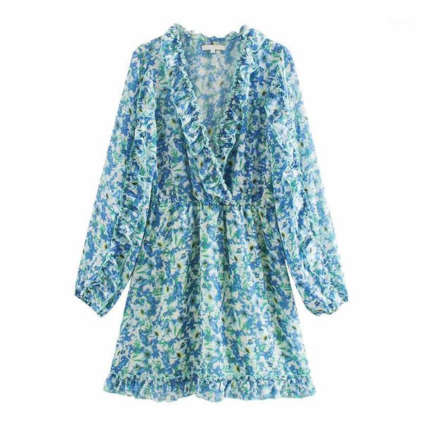 summer chiffon dress women prairie chic floral print dress cross v neck long sleeve ruffle a-line short vestido1, Black;gray