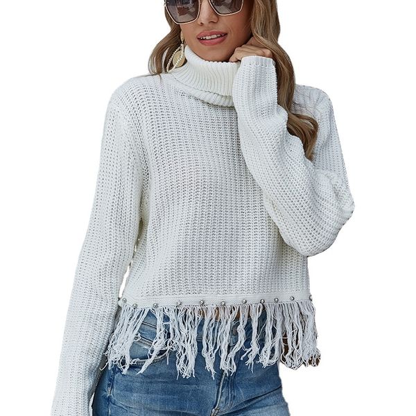 new european and american pin beads short knitwear tassel white high collar knitted sweater for women, Black
new european and american pin beads short knitwear tassel white high collar knitted sweater for women, Black
