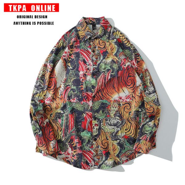 men and women's hip hop retro tiger china style ukiyoe shirt country ruffian handsome long-sleeved shirt coat c1212, White;black
men and women's hip hop retro tiger china style ukiyoe shirt country ruffian handsome long-sleeved shirt coat c1212, White;black
