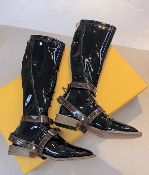 2021 fashion women knee high booties back zip patent leather buckles boots ladies shoes woman black1, Black
2021 fashion women knee high booties back zip patent leather buckles boots ladies shoes woman black1, Black