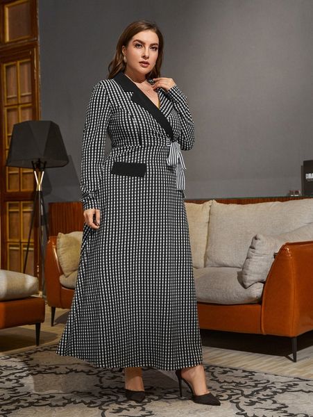 plus lapel collar wrap knot plaid dress r54z#, Black
plus lapel collar wrap knot plaid dress r54z#, Black