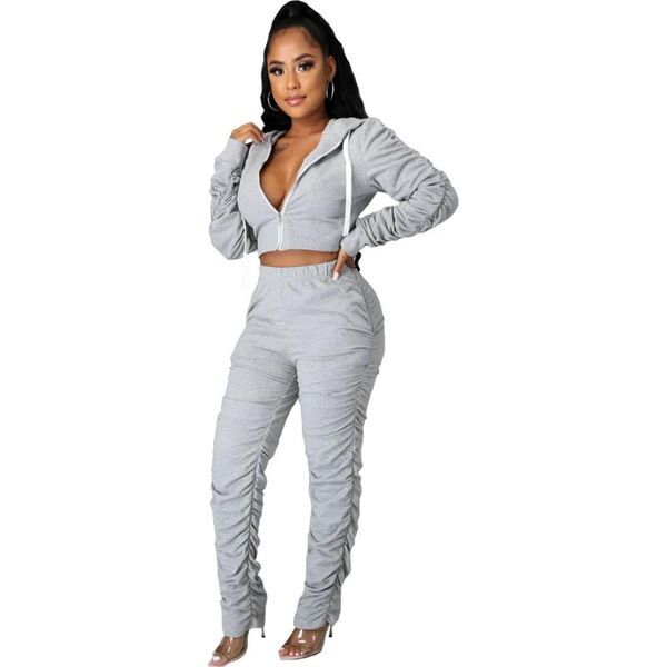 womens solid color activewear tracksuits autumn fitness zipper ruched long sleeve hooded crop stacked pants 2 piece set, Gray
womens solid color activewear tracksuits autumn fitness zipper ruched long sleeve hooded crop stacked pants 2 piece set, Gray
