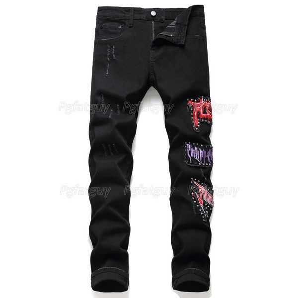 men's rivet ripped black jeans pants stretch embroidery denim trousers male streetwear willow nails mens pants biker casual, Blue
men's rivet ripped black jeans pants stretch embroidery denim trousers male streetwear willow nails mens pants biker casual, Blue