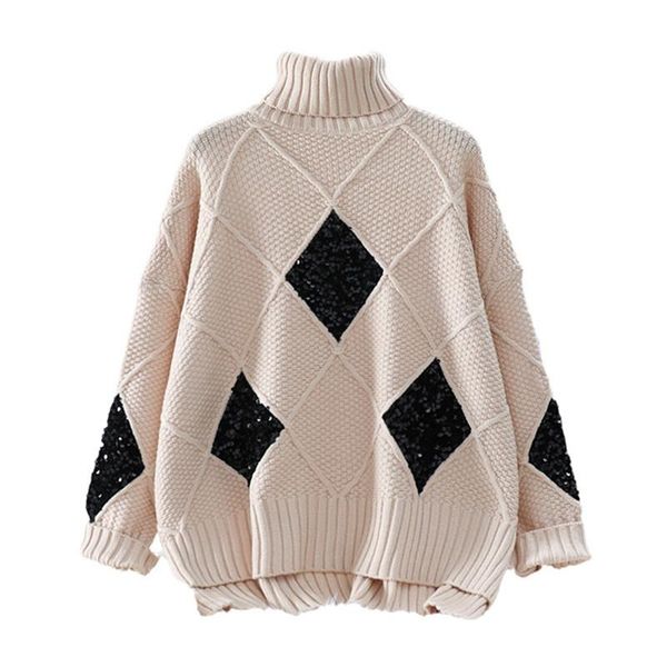 women's sweaters 2021 autumn and winter loose wild thick turtleneck sweater pullover retro diamond outer wear trendy c293, White;black
women's sweaters 2021 autumn and winter loose wild thick turtleneck sweater pullover retro diamond outer wear trendy c293, White;black