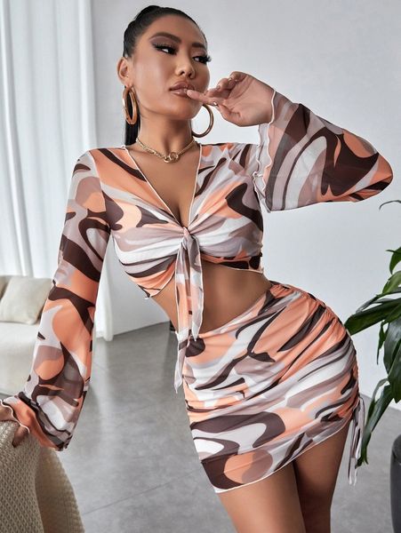 sxy allover print trumpet sleeve tie front mesh & drawstring bodycon skirt 30xv#, White
sxy allover print trumpet sleeve tie front mesh & drawstring bodycon skirt 30xv#, White