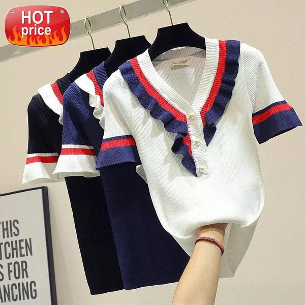 Ruffled Short-sleeved Knitted Sweater Female Stitching Slim Button Color Matching V-neck Sweater Pullover Women Spring Summer #2f5j, White
Ruffled Short-sleeved Knitted Sweater Female Stitching Slim Button Color Matching V-neck Sweater Pullover Women Spring Summer #2f5j, White