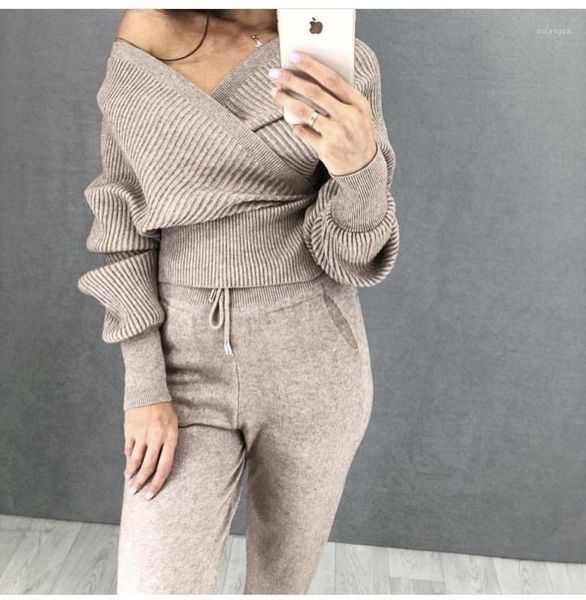 women tracksuits sweater knit suit double v-neck sweaters long pants casual two piece set clothing1, Gray
women tracksuits sweater knit suit double v-neck sweaters long pants casual two piece set clothing1, Gray