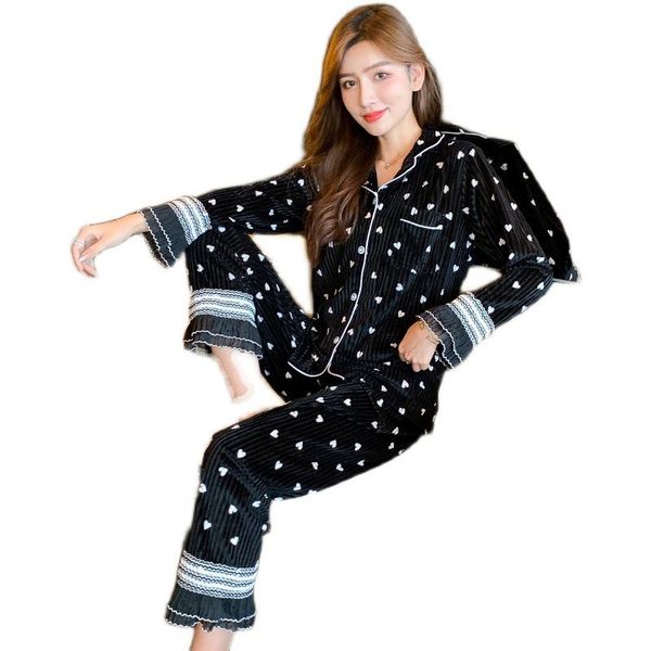 autumn and winter pajamas women's cardigan two piece set long sleeve trousers lapel printing comfortable home wear, Black;brown
autumn and winter pajamas women's cardigan two piece set long sleeve trousers lapel printing comfortable home wear, Black;brown