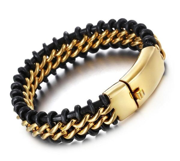 link, chain retro leather bracelet fashion 22cm stainless steel dubai gold color link bangle men's wholesale jewelry gift, Black
link, chain retro leather bracelet fashion 22cm stainless steel dubai gold color link bangle men's wholesale jewelry gift, Black