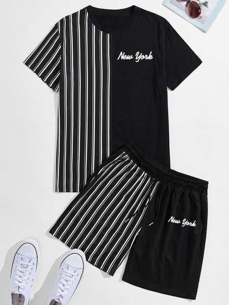 romwe guys contrast striped letter graphic tee & shorts 00m2#, Gray