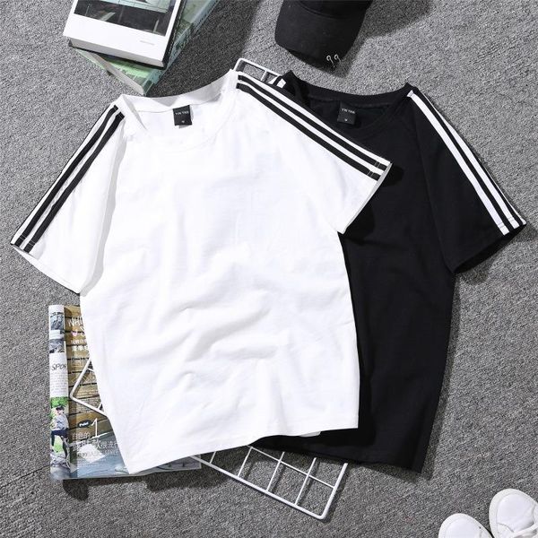 three bar short sleeve casual t-shirt for girls summer student for men and women same couple round neck t-shirt, White
three bar short sleeve casual t-shirt for girls summer student for men and women same couple round neck t-shirt, White