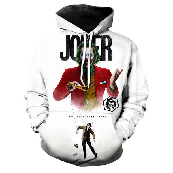 autumn and winter men's new 3d printing clown soul sportswear pullover hooded sweater casual coat, Black;white
autumn and winter men's new 3d printing clown soul sportswear pullover hooded sweater casual coat, Black;white