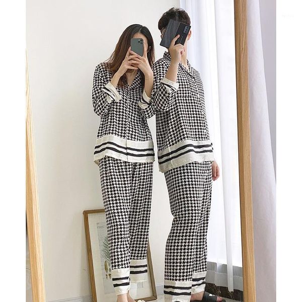 couple 2pcs spring pajamas suit lounge houndstooth print sleepwear black faux silk home wear long sleeve shirt&pant nightwear1, Black;brown
couple 2pcs spring pajamas suit lounge houndstooth print sleepwear black faux silk home wear long sleeve shirt&pant nightwear1, Black;brown