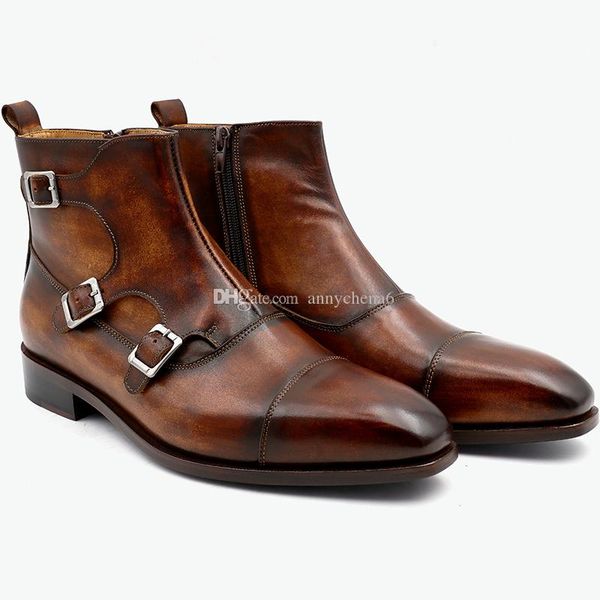 men boots custom handmade patina brown genuine calf leather breathable square captoe buckles zipper mackay stitching leather bt-01, Black
men boots custom handmade patina brown genuine calf leather breathable square captoe buckles zipper mackay stitching leather bt-01, Black