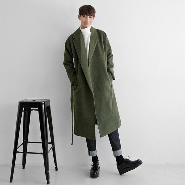 waistband tweed coat men's long knee-length korean version loose shoulder style men's windbreaker winter thickened coat, Tan;black 
waistband tweed coat men's long knee-length korean version loose shoulder style men's windbreaker winter thickened coat, Tan;black