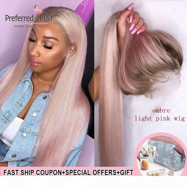 preferred ombre pink human hair wig purple straight lace front wig with baby hair brazilian remy transparent lace wigs for women, Black