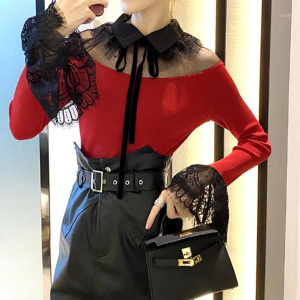 women's sweaters 2021 stitching slim slimming lace flared sleeve sweater1, White;black
women's sweaters 2021 stitching slim slimming lace flared sleeve sweater1, White;black