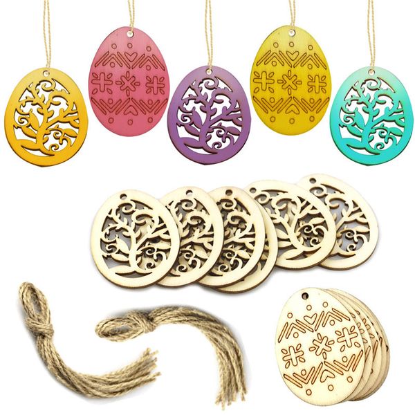 6pcs/lot Wood Easter Eggs Pendant Creative Wooden Craft Easter Gift Ornament Hanging Pendants Festival Party Decoration Supplies E122805