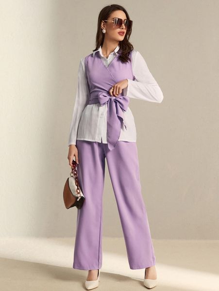 solid belted vest & pants with blouse 86jx#, White