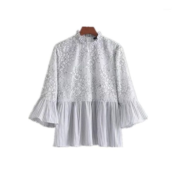 women lace shirt striped blouse flare sleeve ruffles stand collar loose casual pleated hem back zip blusa1, White
women lace shirt striped blouse flare sleeve ruffles stand collar loose casual pleated hem back zip blusa1, White